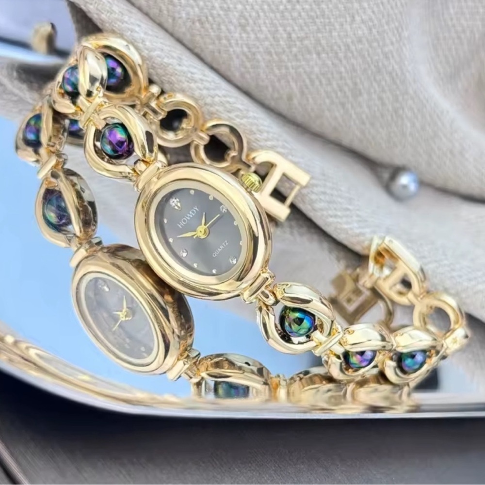 Vintage Ombre Black Pearl Gold Plated Women’s Bracelet Watch